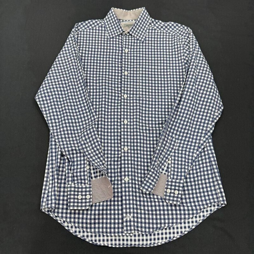 Johnston & Murphy Tailored Fit Button Shirt‎ M Blue Plaid Cotton Work Mens